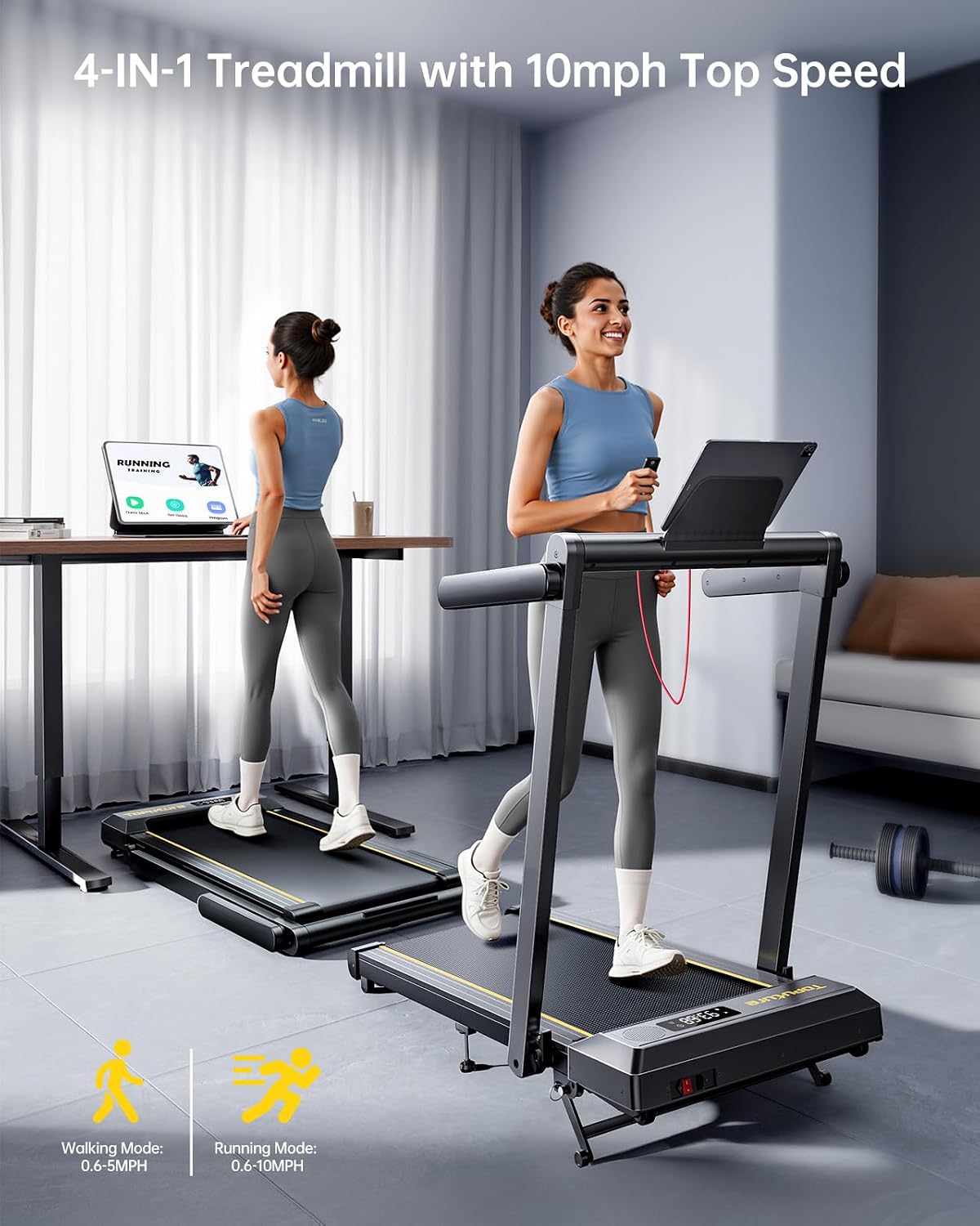 Treadmill, 16 km/h speed, 3-level incline adjustment, 12% max incline, 42 cm running belt, electric folding, dual LED display, heart rate measurement, APP control