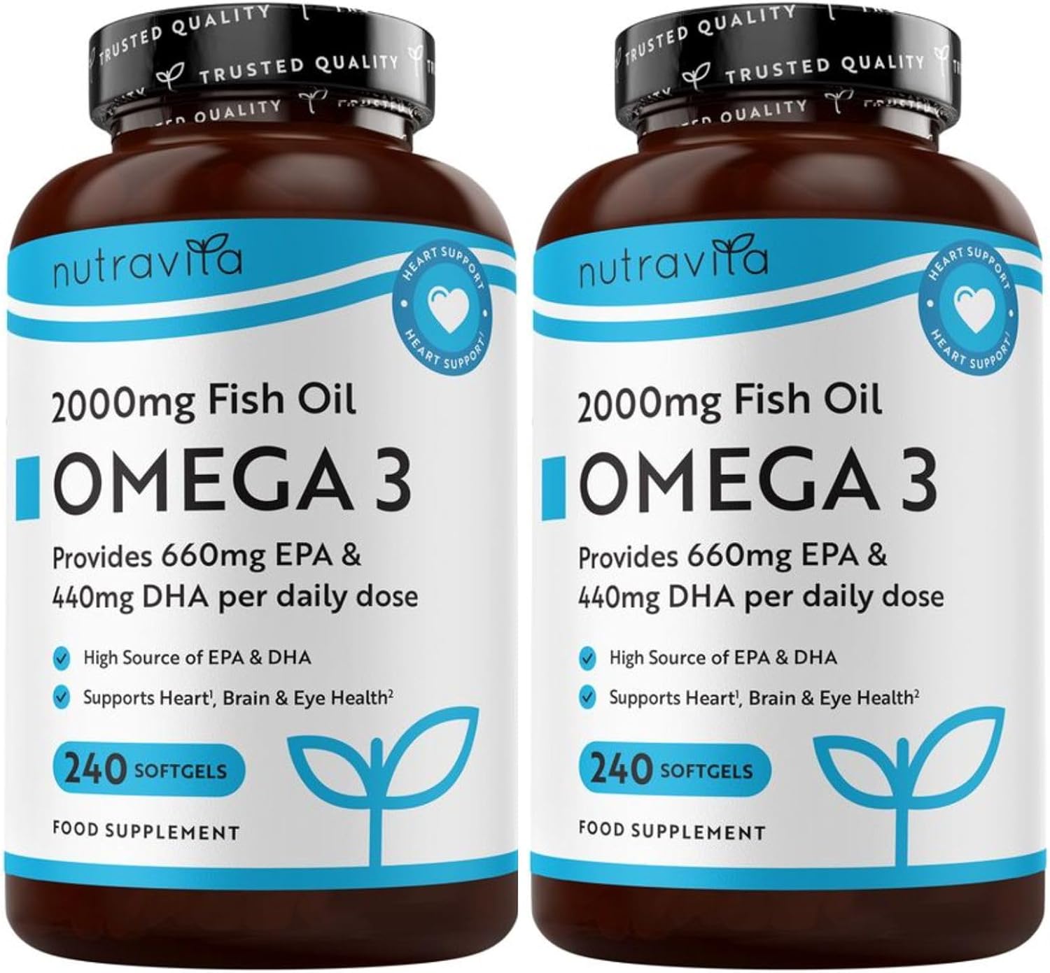 Nutravita Omega 3 Huile de Poissons 2000 mg - 480 Gélules - 8 Mois | Lot de 2 - Haute Concentration en EPA (660mg) & DHA (440mg) - Soutien Fonction Cardiaque et une Vision Normale