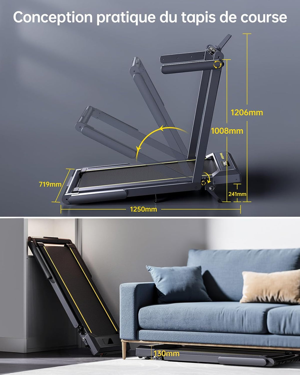 Treadmill, 16 km/h speed, 3-level incline adjustment, 12% max incline, 42 cm running belt, electric folding, dual LED display, heart rate measurement, APP control