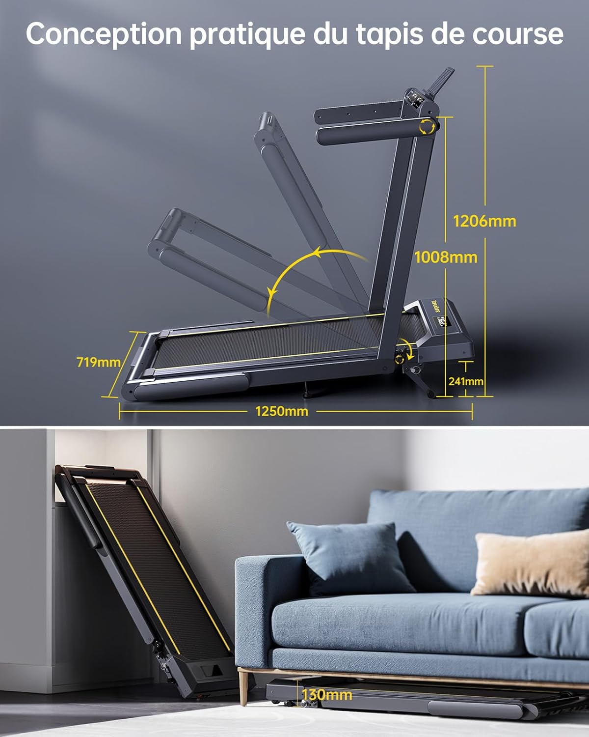 Treadmill, 16 km/h speed, 3-level incline adjustment, 12% max incline, 42 cm running belt, electric folding, dual LED display, heart rate measurement, APP control