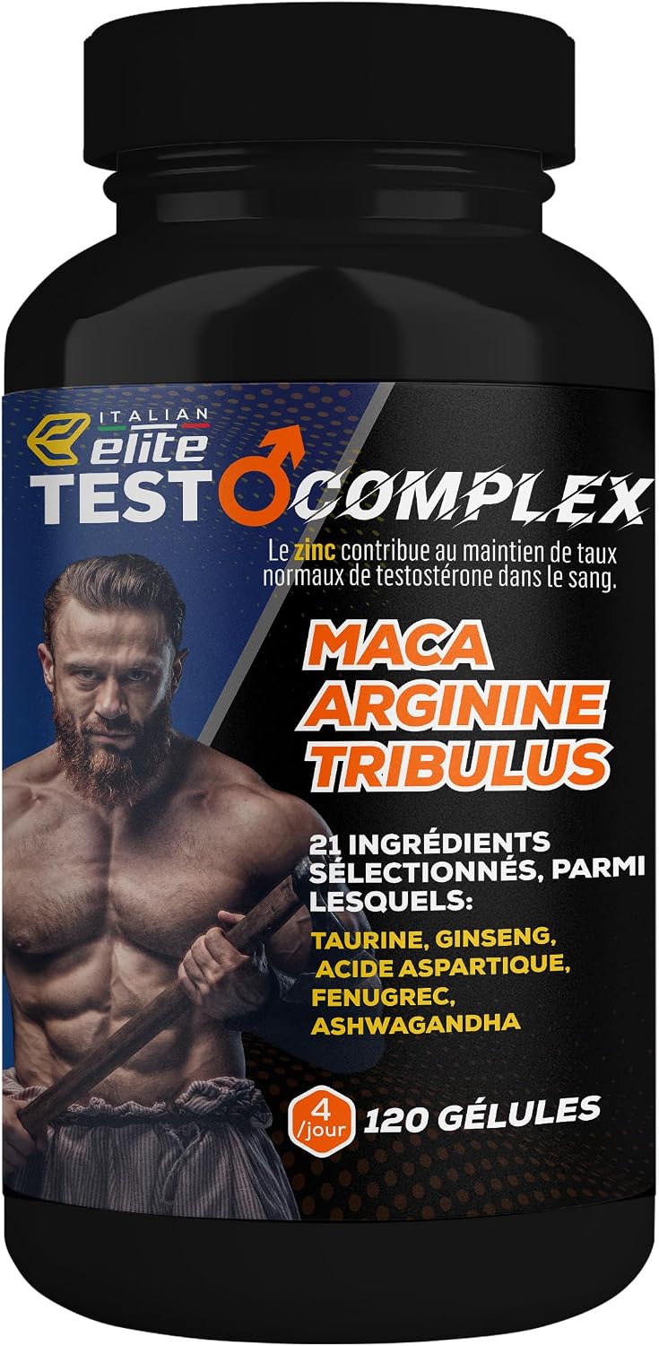 Italian Elite Testo Complex 120 Gélules - Formule avec Maca 8000 mg, Tribulus, Fenugrec, Zinc, Arginine, Taurine, Ashwagandha, Vitamines et Minéraux