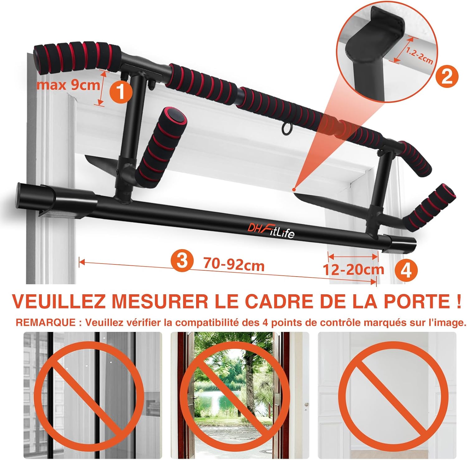 DH FitLife Barre de traction pour cadre de porte sans vis | Pull up bar Doorway | Barre d'étirement | Avec L'entraîneur à l'élingue | Pour cadre de porte 70-92cm
