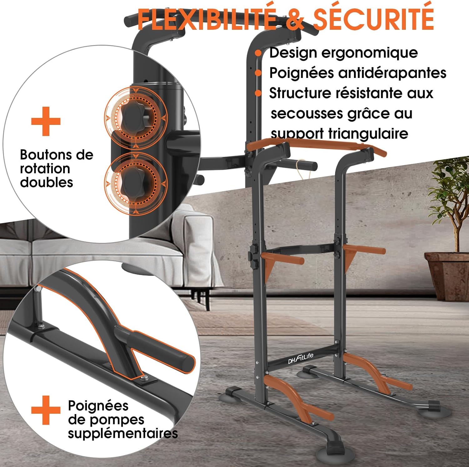 DH FitLife Barre de Traction Power Tower 10 Niveaux, Multifonction | Charge 150 kg｜Chaise Romaine Musculation｜Poignées Antidérapantes｜Barre Traction Réglable｜Home Gym Compact