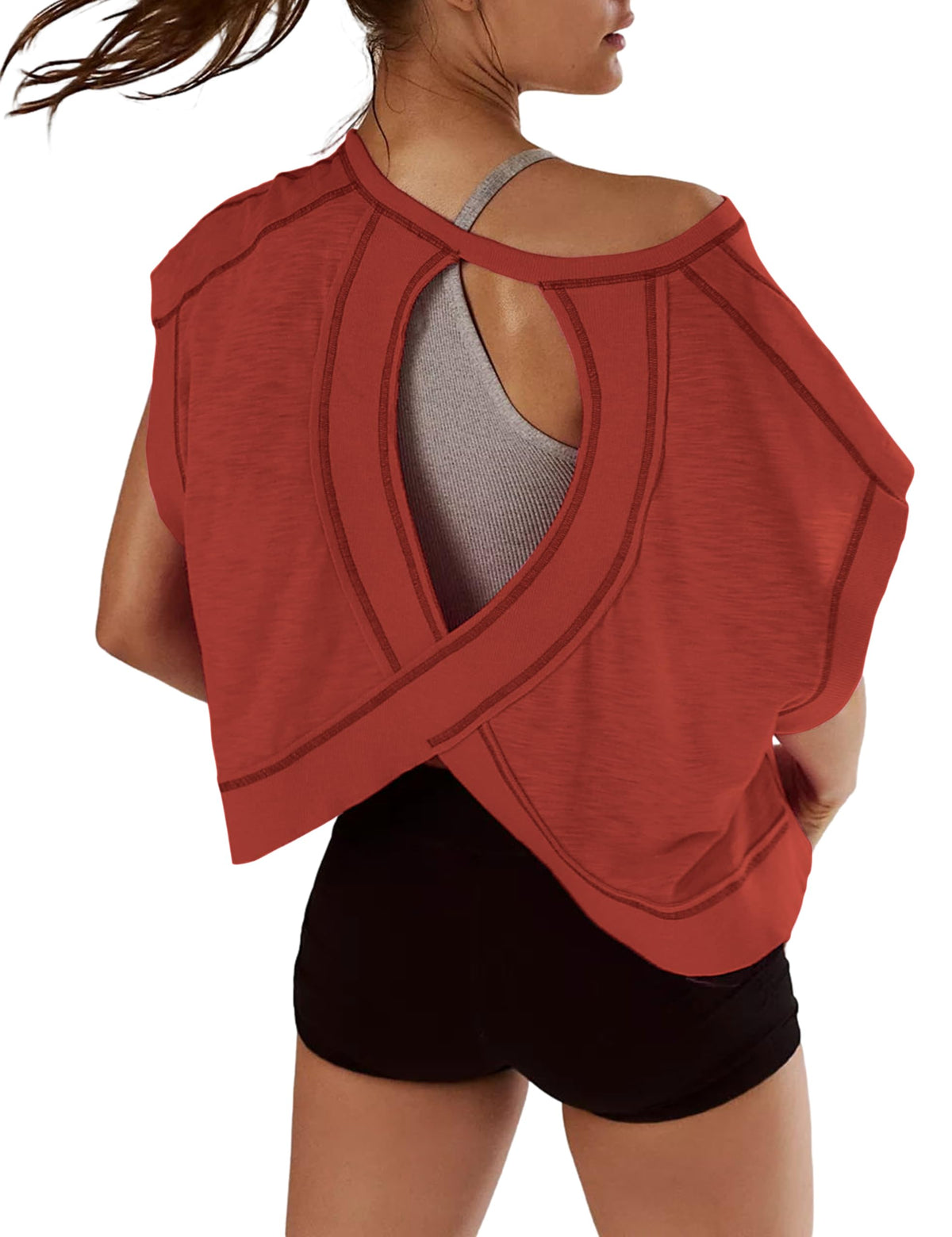 Kumufenc Women Short Sleeve Workout Shirts Open Back Tops Casual Yoga Y2k Athletic Gym Slouchy Crop Running Tees