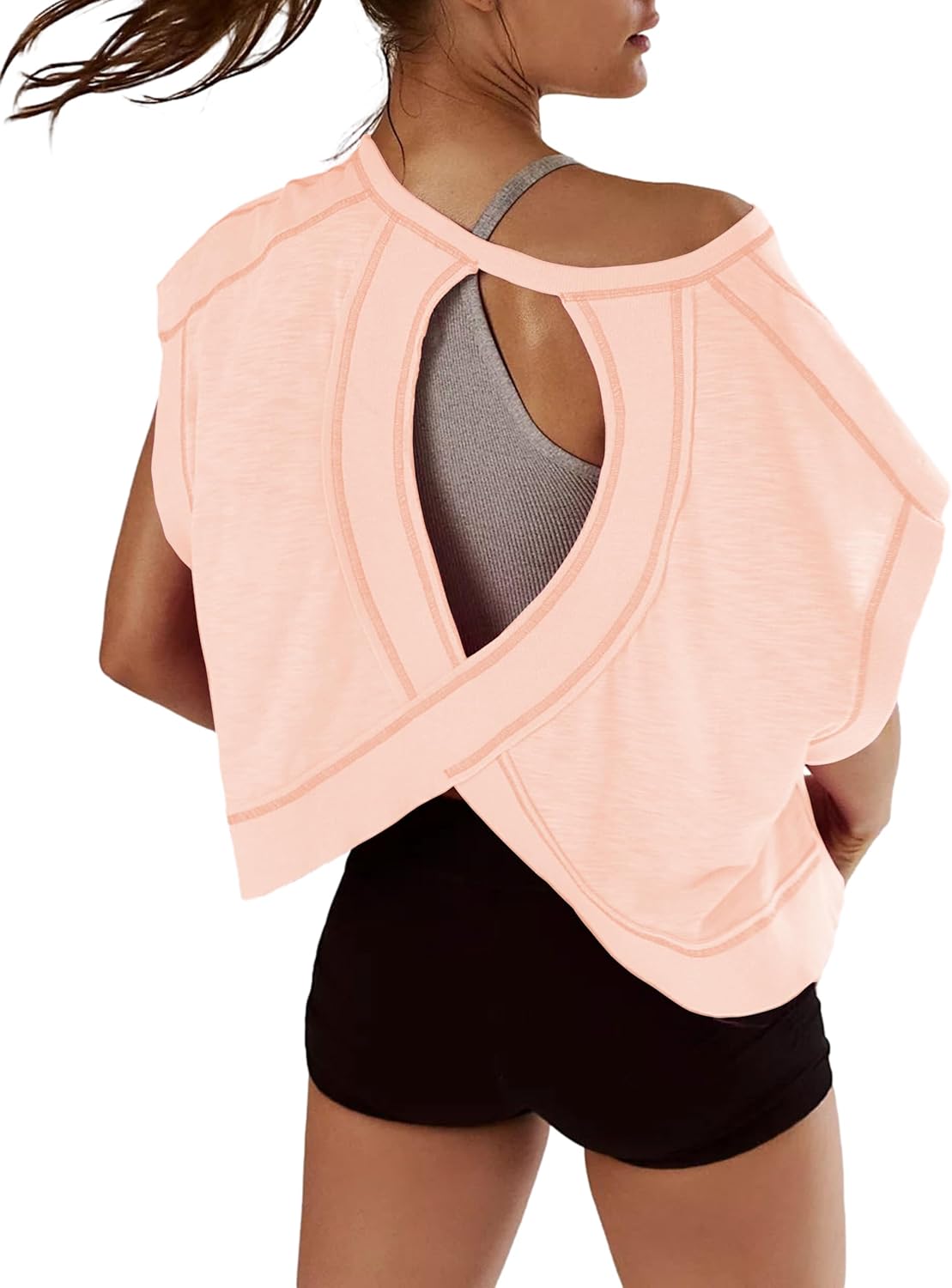 Kumufenc Women Short Sleeve Workout Shirts Open Back Tops Casual Yoga Y2k Athletic Gym Slouchy Crop Running Tees