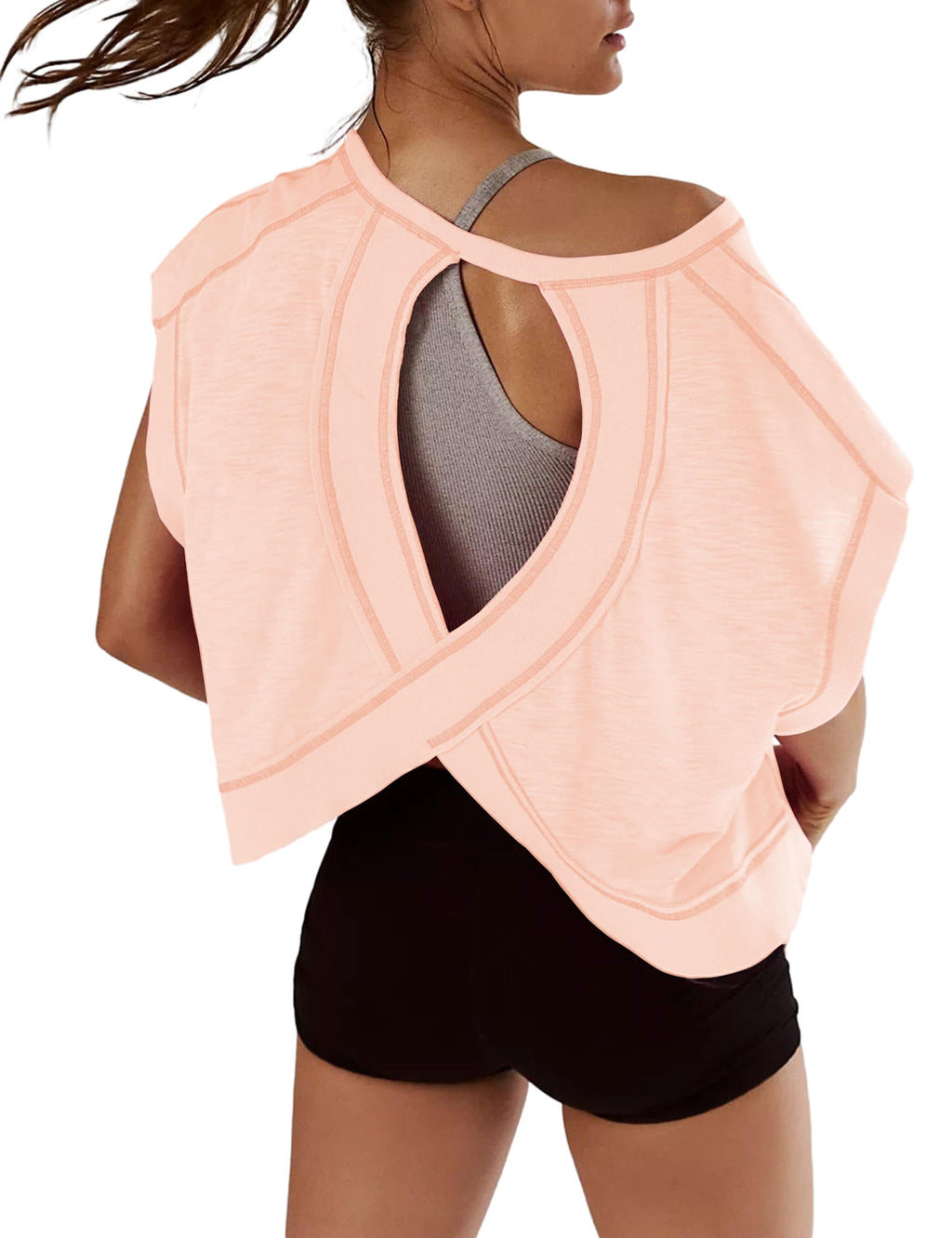 Kumufenc Women Short Sleeve Workout Shirts Open Back Tops Casual Yoga Y2k Athletic Gym Slouchy Crop Running Tees