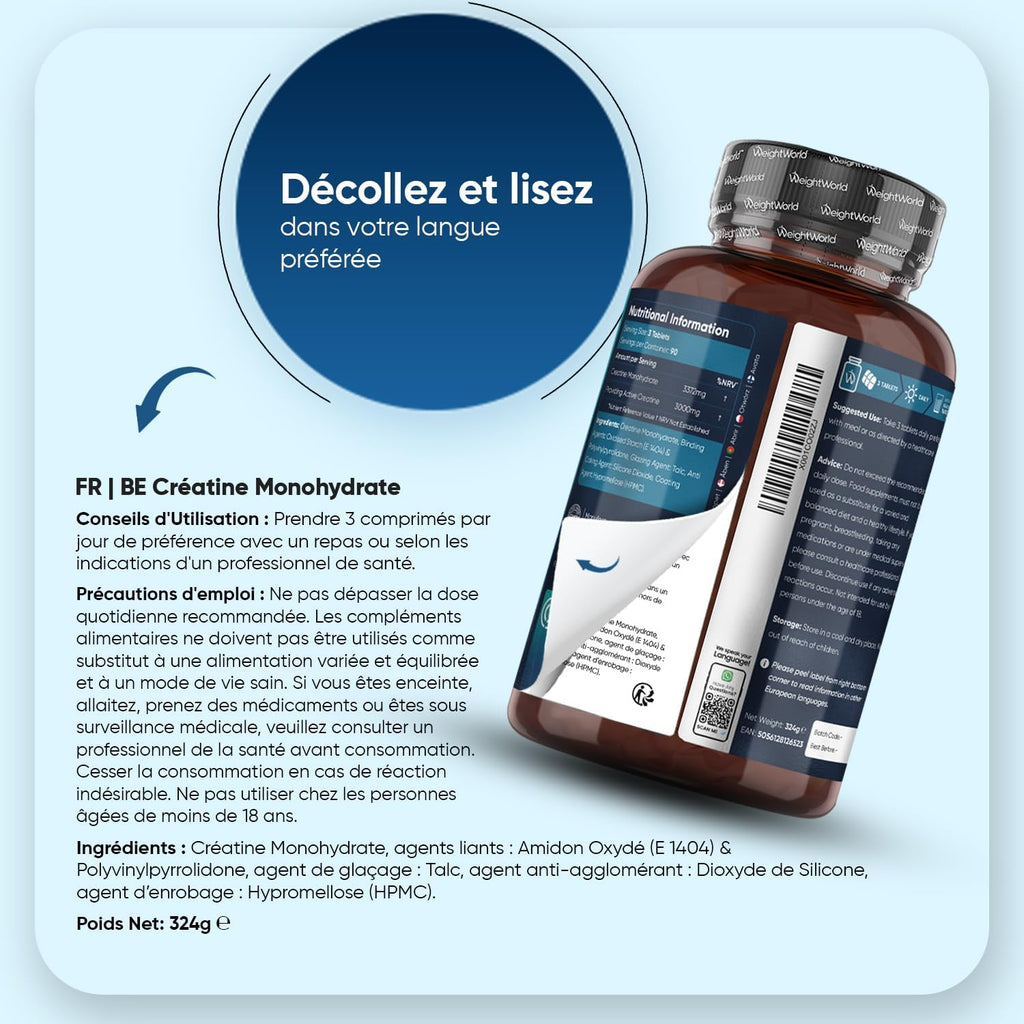 Creatine Monohydrate 270 comprimés Vegan, 3000mg par Portion, 3 Mois d'approvisionnement, sans OGM, sans Gluten ni Colorants ni Arômes Artificiels et sans Stéarate de Magnésium | 270 comprimés végétaliens de créatine testés en laboratoire, 3 comprimés de