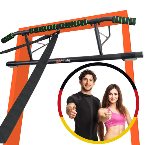 DH FitLife Barre de traction pour cadre de porte sans vis | Pull up bar Doorway | Barre d'étirement | Avec L'entraîneur à l'élingue | Pour cadre de porte 70-92cm
