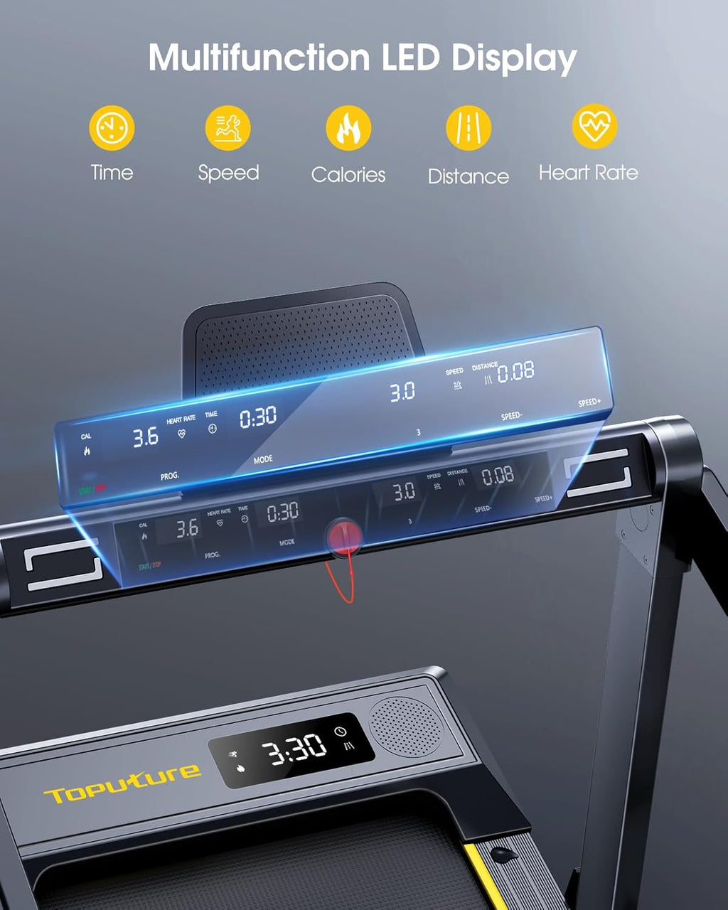 Treadmill, 16 km/h speed, 3-level incline adjustment, 12% max incline, 42 cm running belt, electric folding, dual LED display, heart rate measurement, APP control