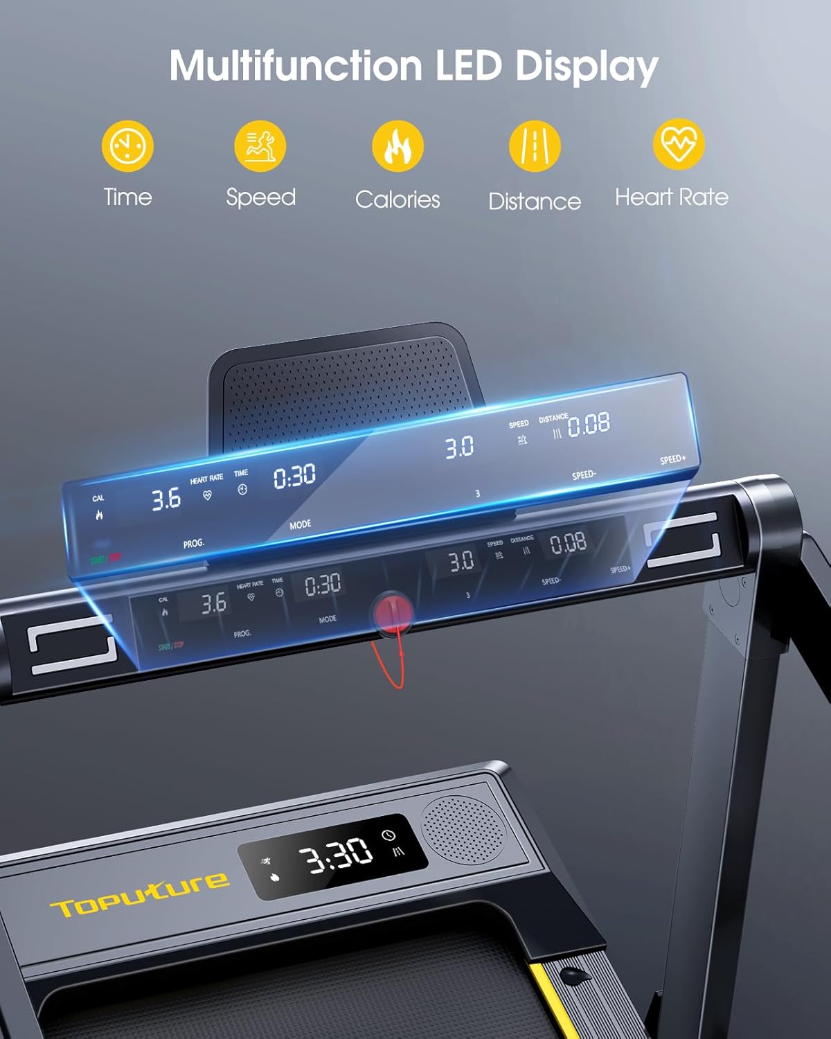 Treadmill, 16 km/h speed, 3-level incline adjustment, 12% max incline, 42 cm running belt, electric folding, dual LED display, heart rate measurement, APP control