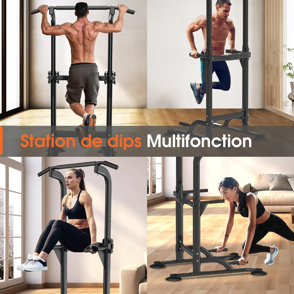 DH FitLife Barre de Traction Power Tower 10 Niveaux, Multifonction | Charge 150 kg｜Chaise Romaine Musculation｜Poignées Antidérapantes｜Barre Traction Réglable｜Home Gym Compact