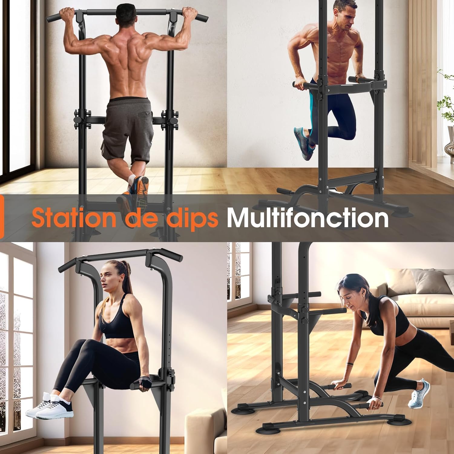 DH FitLife Barre de Traction Power Tower 10 Niveaux, Multifonction | Charge 150 kg｜Chaise Romaine Musculation｜Poignées Antidérapantes｜Barre Traction Réglable｜Home Gym Compact