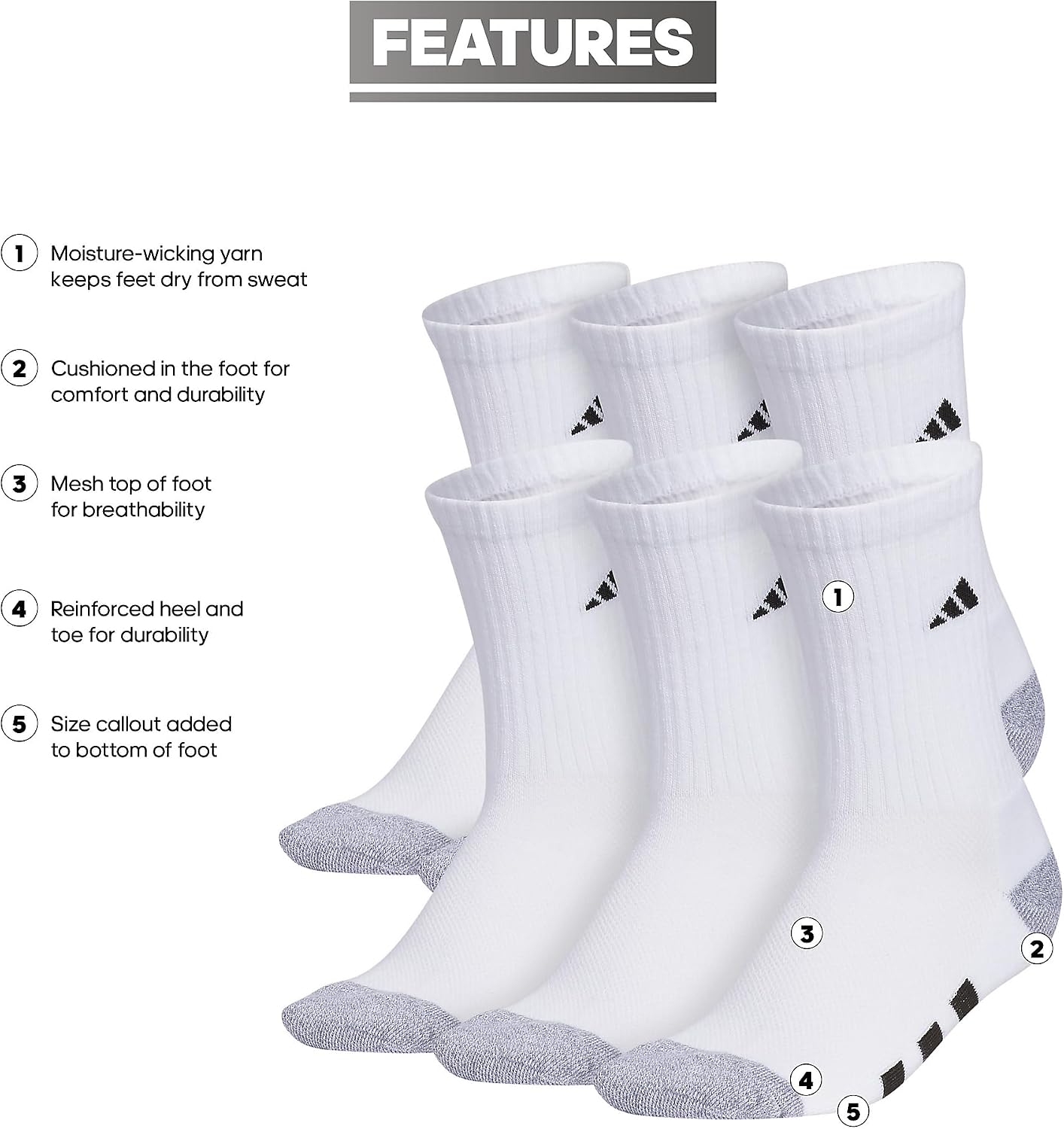adidas Kids Athletic Cushioned 6-Pack Crew (Little Kid/Big Kid/Adult)