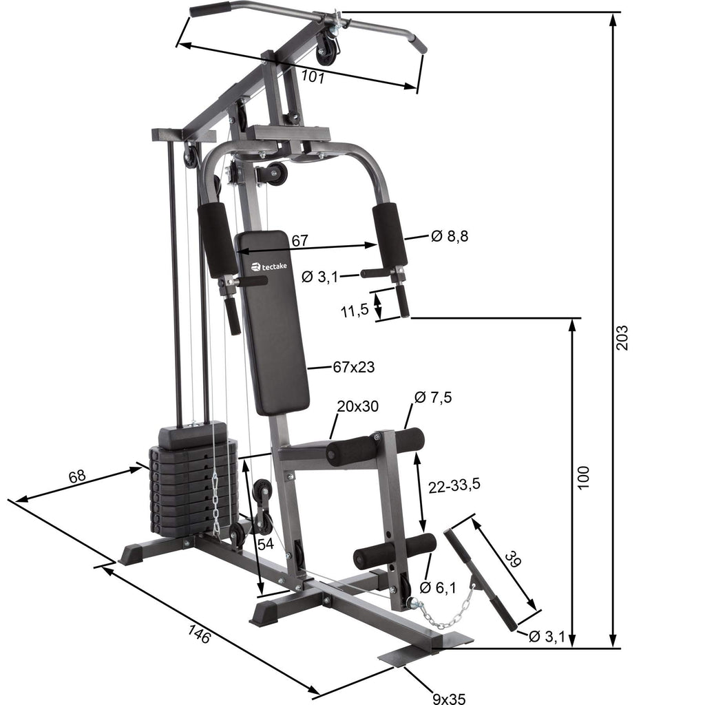 tectake® Strength Training Station, Power Cage, Pull-Up Bar, Home Trainer, Butterfly Module, Leg Extension Device, Strength Training Equipment, Barbell, Home Sports, Fitness