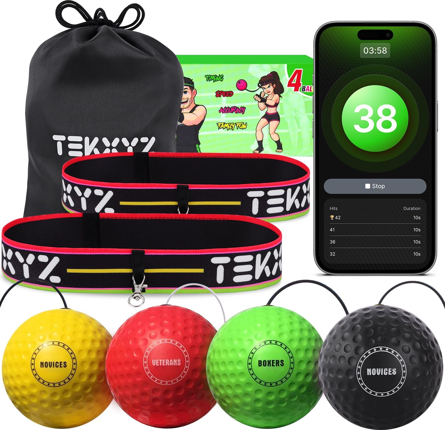 TEKXYZ Balle Réflexe de Boxe avec APP de Comptage et Communauté en Ligne | 4 Balles + 2 Bandeaux pour Coordination, Frappe, Réduction du Stress, Entraînement à Domicile, Fitness, Cadeau pour Tous