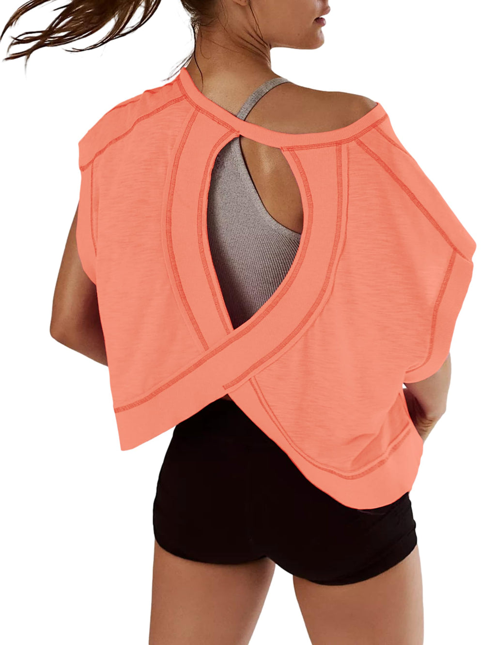 Kumufenc Women Short Sleeve Workout Shirts Open Back Tops Casual Yoga Y2k Athletic Gym Slouchy Crop Running Tees