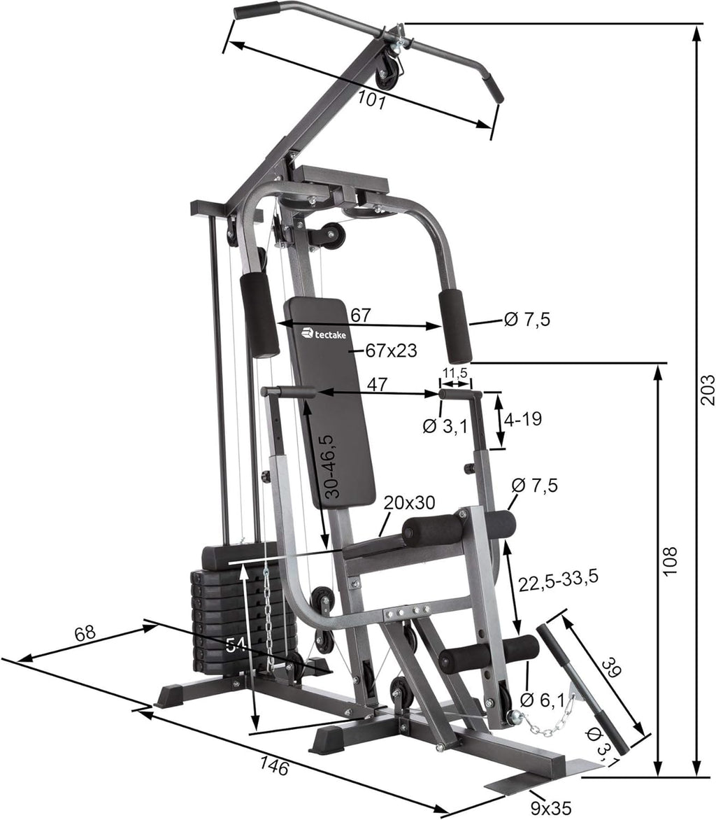 tectake® Strength Training Station, Power Cage, Pull-Up Bar, Home Trainer, Butterfly Module, Leg Extension Device, Strength Training Equipment, Barbell, Home Sports, Fitness