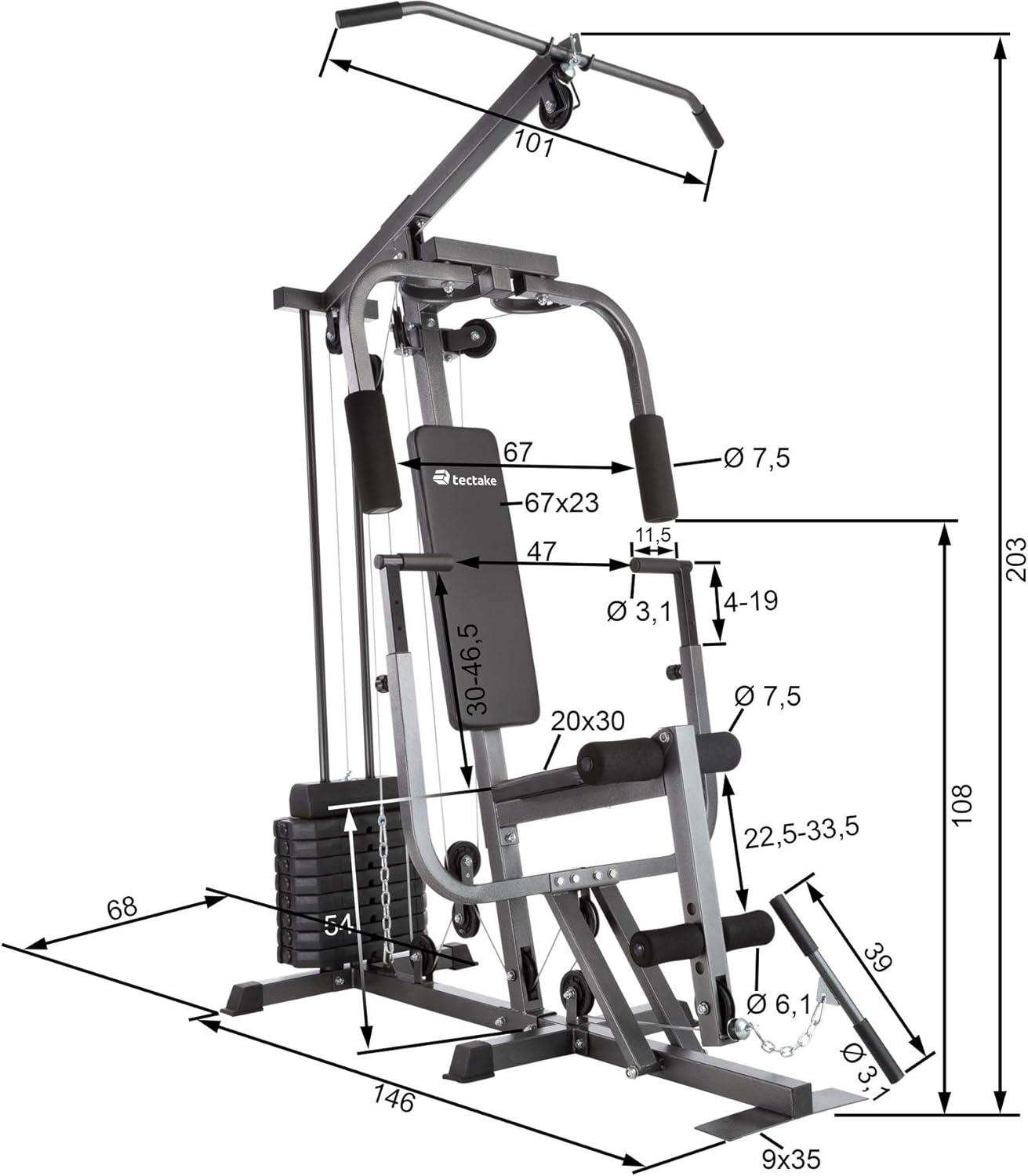 tectake® Strength Training Station, Power Cage, Pull-Up Bar, Home Trainer, Butterfly Module, Leg Extension Device, Strength Training Equipment, Barbell, Home Sports, Fitness