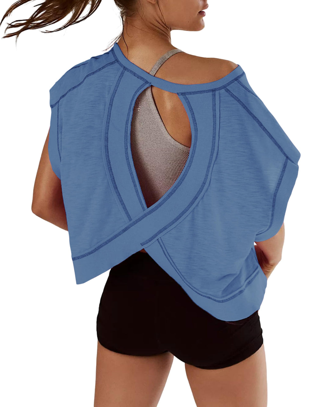 Kumufenc Women Short Sleeve Workout Shirts Open Back Tops Casual Yoga Y2k Athletic Gym Slouchy Crop Running Tees