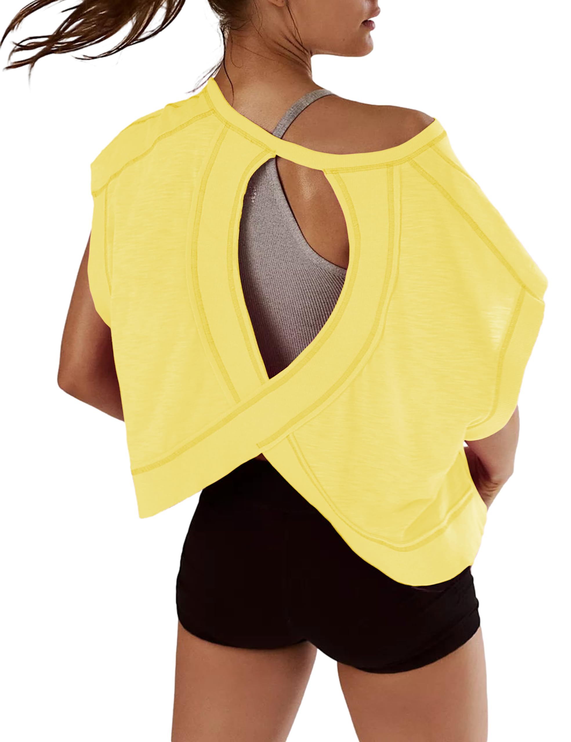 Kumufenc Women Short Sleeve Workout Shirts Open Back Tops Casual Yoga Y2k Athletic Gym Slouchy Crop Running Tees