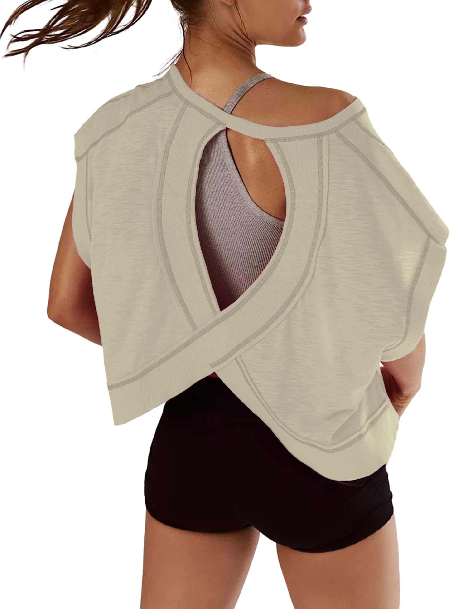 Kumufenc Women Short Sleeve Workout Shirts Open Back Tops Casual Yoga Y2k Athletic Gym Slouchy Crop Running Tees