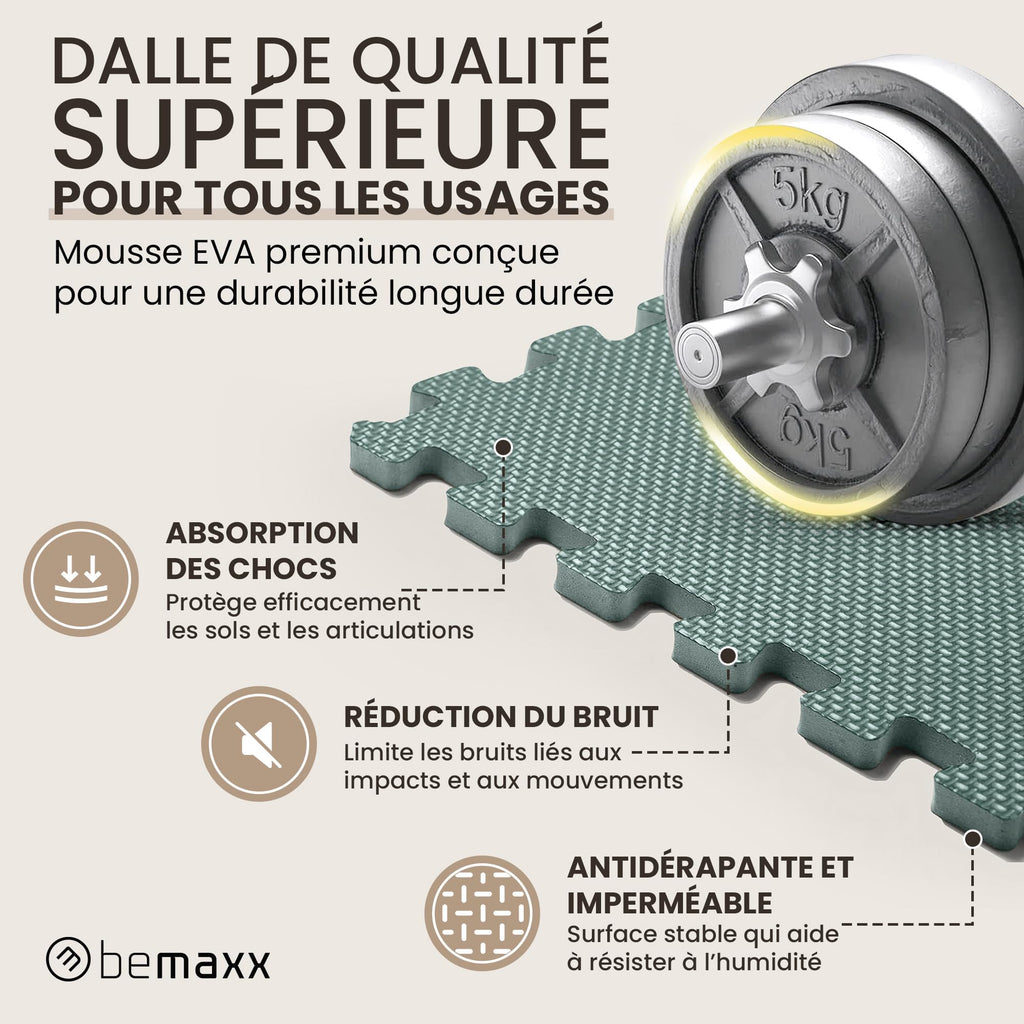 bemaxx Tapis de Fitness Protection de Sol Salle de Sport - Dalles en Mousse | EVA Caoutchouc sans BPA Matelas Puzzle Yoga Pilates Tatami pour Matériel Gym Banc de Musculation Garage Piscine Isolation