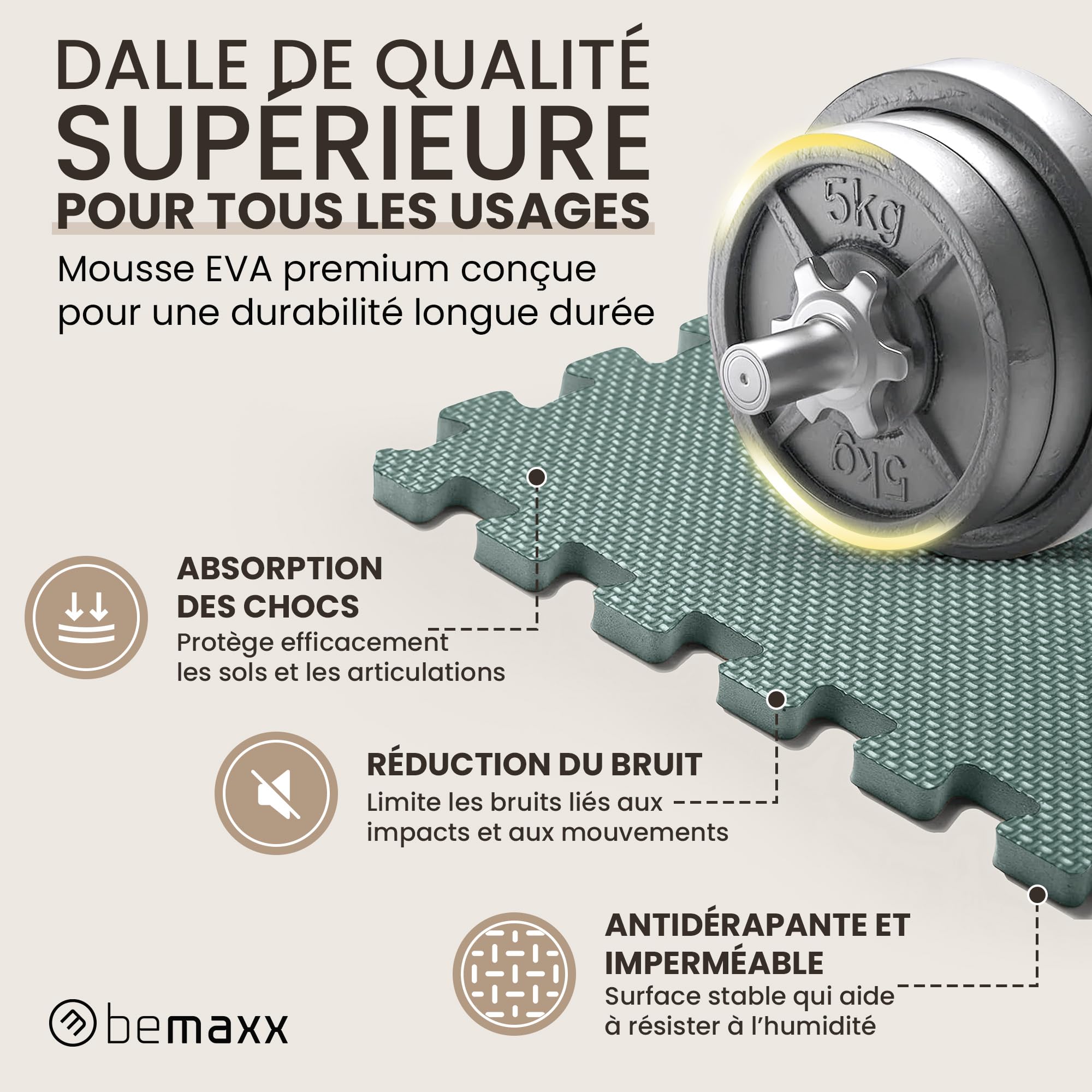 bemaxx Tapis de Fitness Protection de Sol Salle de Sport - Dalles en Mousse | EVA Caoutchouc sans BPA Matelas Puzzle Yoga Pilates Tatami pour Matériel Gym Banc de Musculation Garage Piscine Isolation