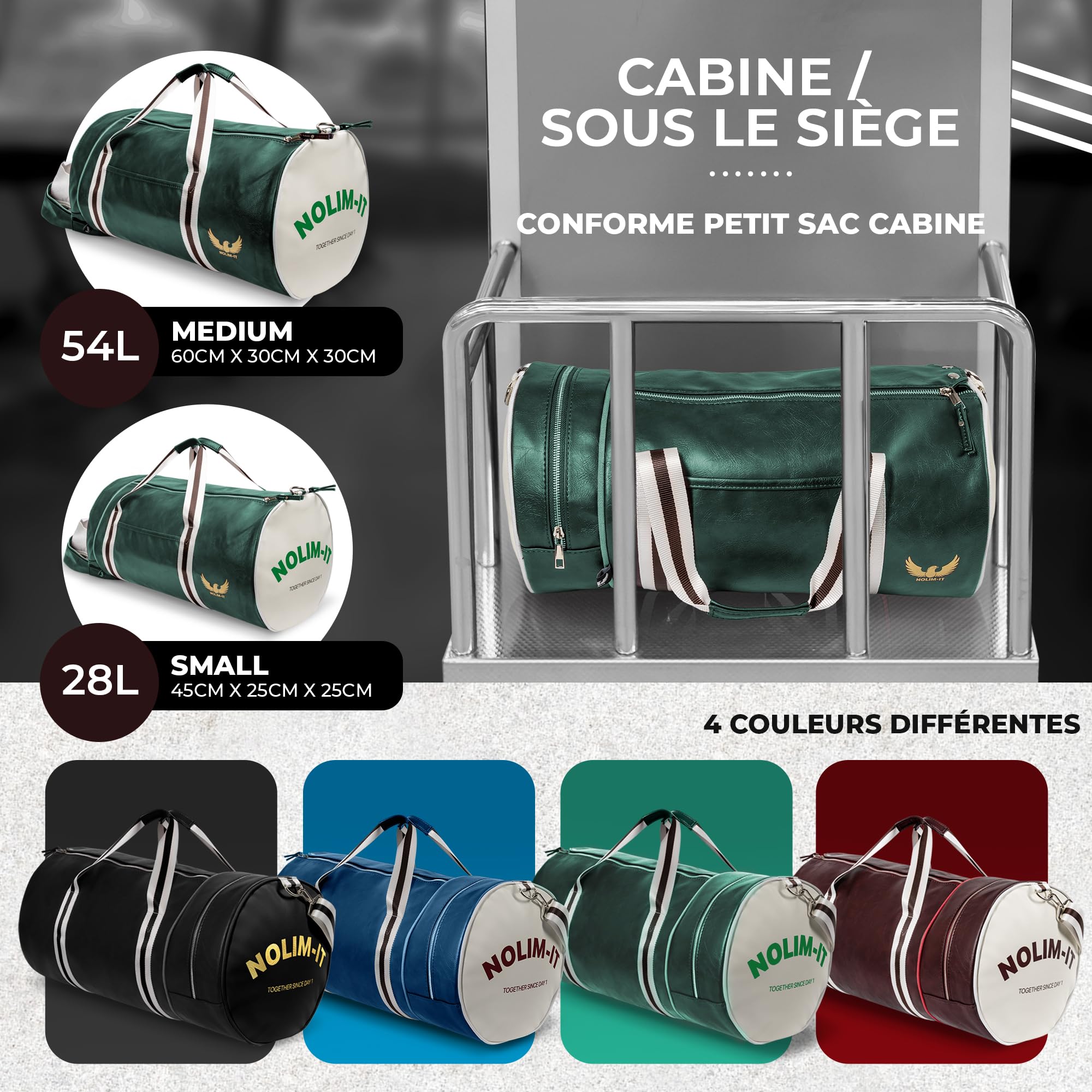 Sac de Sport Nolim-it® - Vintage - Simili Cuir - Sac bandoulière Homme - Pliable - Compartiment Chaussures - Sac Voyage Cabine - Résistant à l’Eau - 45x25x25cm - Small 28L - Duffel Bag - Musculation