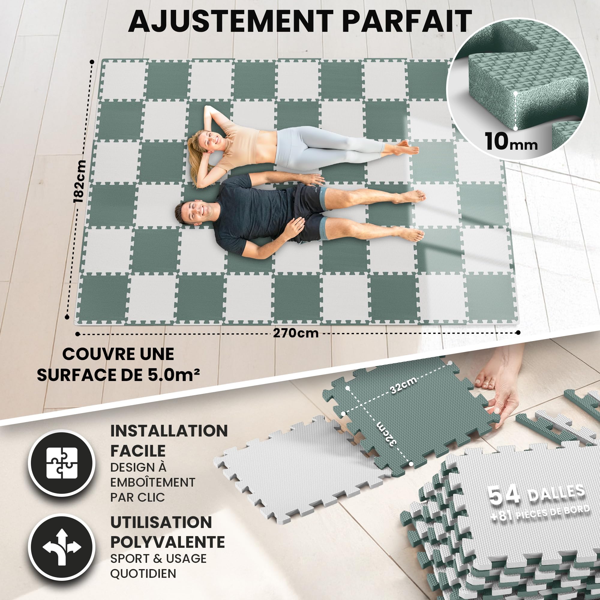 bemaxx Tapis de Fitness Protection de Sol Salle de Sport - Dalles en Mousse | EVA Caoutchouc sans BPA Matelas Puzzle Yoga Pilates Tatami pour Matériel Gym Banc de Musculation Garage Piscine Isolation
