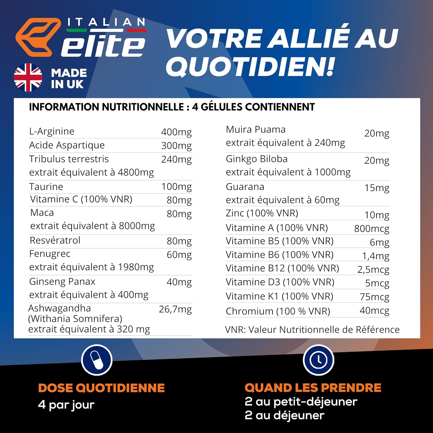 Italian Elite Testo Complex 120 Gélules - Formule avec Maca 8000 mg, Tribulus, Fenugrec, Zinc, Arginine, Taurine, Ashwagandha, Vitamines et Minéraux