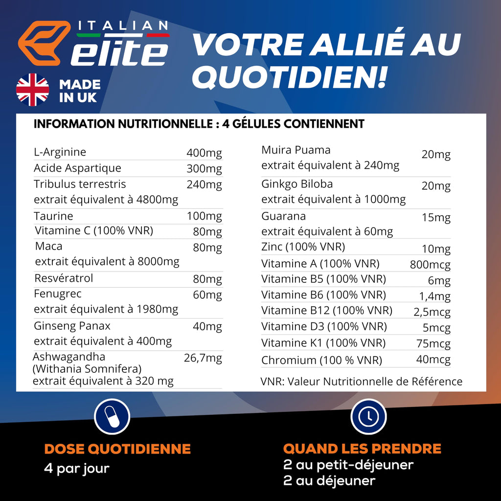 Italian Elite Testo Complex 120 Gélules - Formule avec Maca 8000 mg, Tribulus, Fenugrec, Zinc, Arginine, Taurine, Ashwagandha, Vitamines et Minéraux