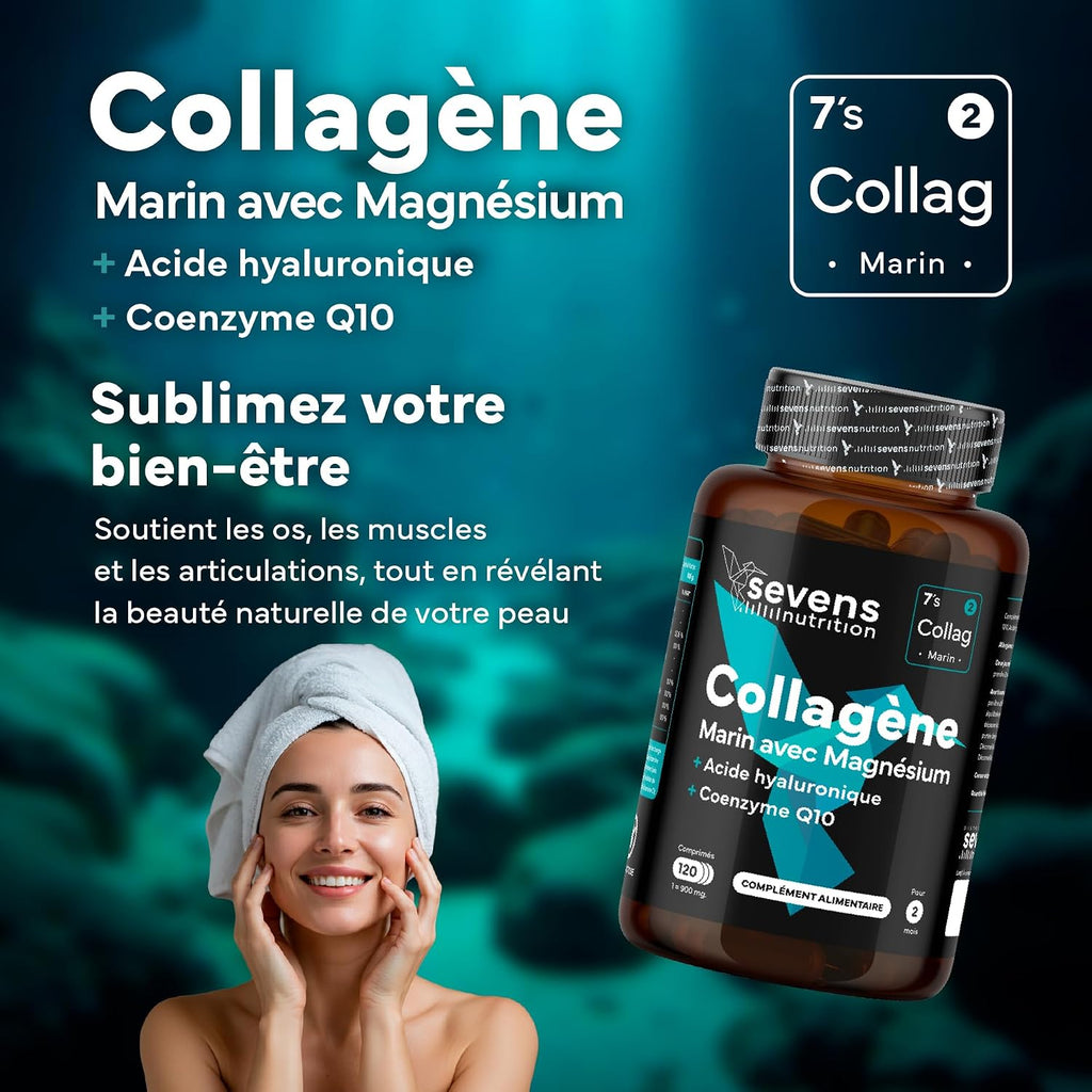 Collagène Marin Hydrolysé avec Magnésium Acide Hyaluronique Coenzyme Q10 | 120 Gélules - Peau Os Articulations - Vitamines A C D3 B12 Zinc - Haute Absorption - Sevens