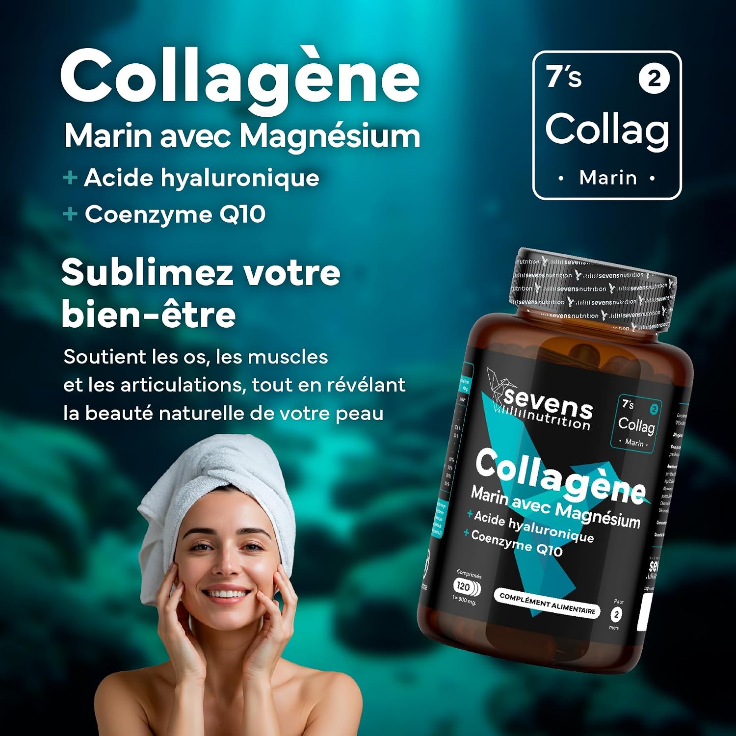 Collagène Marin Hydrolysé avec Magnésium Acide Hyaluronique Coenzyme Q10 | 120 Gélules - Peau Os Articulations - Vitamines A C D3 B12 Zinc - Haute Absorption - Sevens