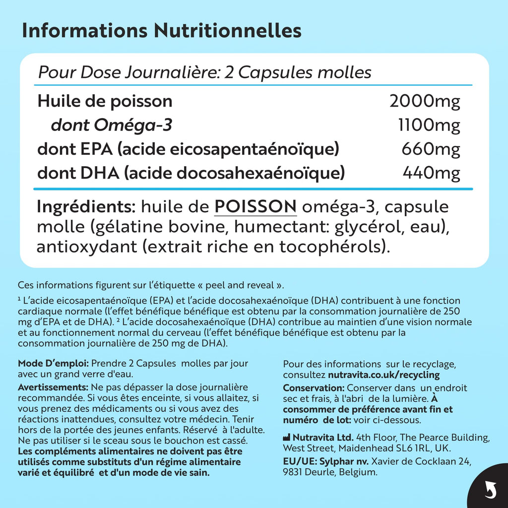 Nutravita Omega 3 Huile de Poissons 2000 mg - 480 Gélules - 8 Mois | Lot de 2 - Haute Concentration en EPA (660mg) & DHA (440mg) - Soutien Fonction Cardiaque et une Vision Normale