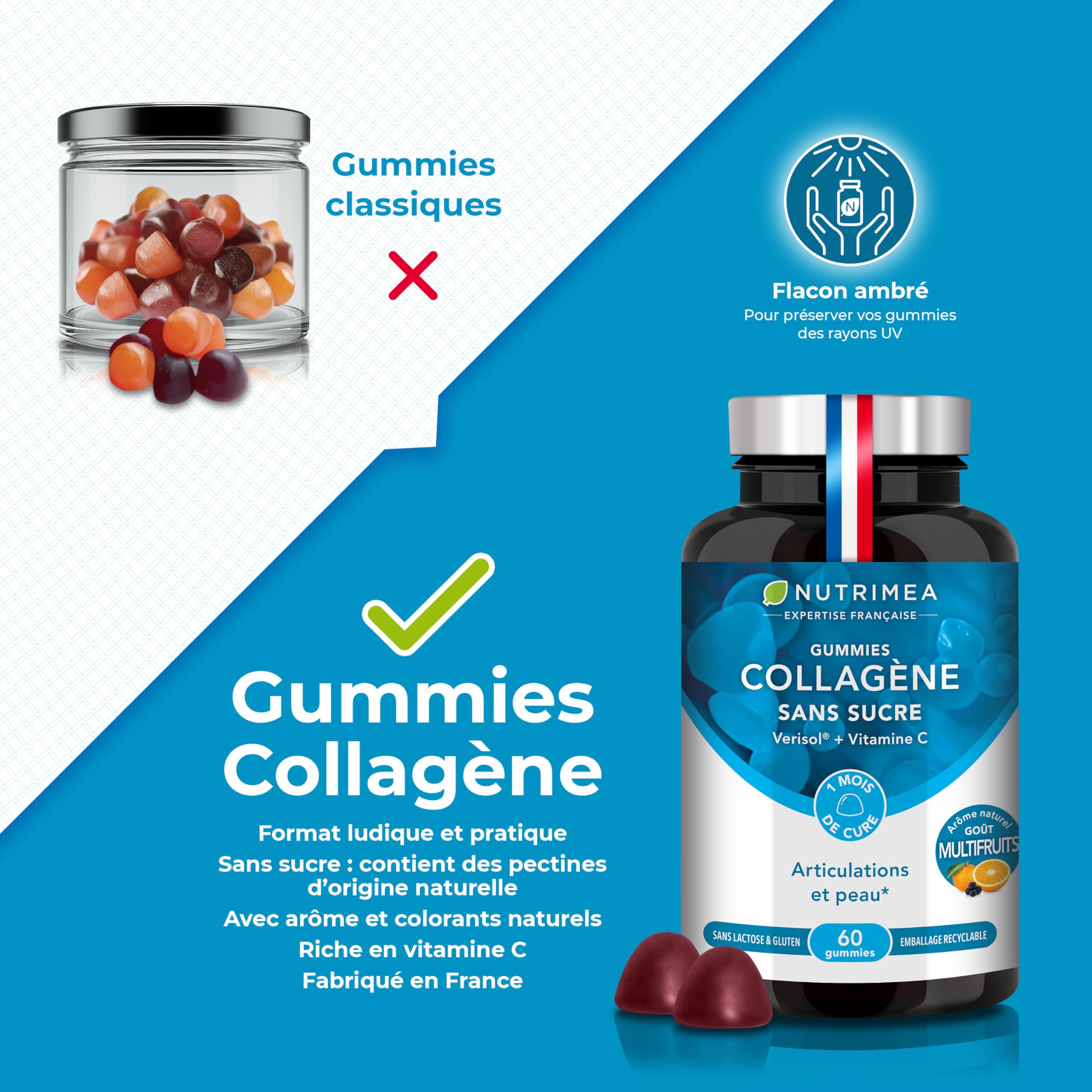 Collagene Marin | Types 1 & 2 Brevetés | Vitamines A, C & E Végétales | Pur et Naturel | Hydratation de la Peau | Protège Os et Cartilages | 900 mg | 90 Gélules | Nutrimea | Fabriqué en France
