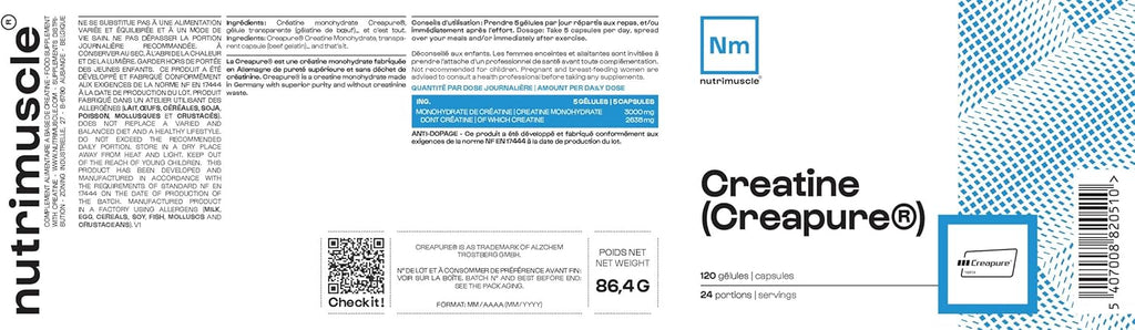 Nutrimuscle Créatine Monohydrate Creapure 120 Gélules | Prise Masse Musculaire & Force - Creatine 100% Pure - Sport et Musculation - Complément Idéal à la Whey Protéine - Gélules
