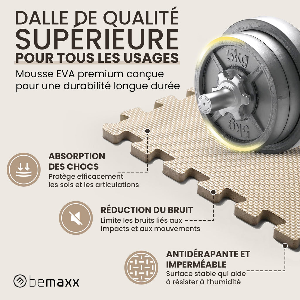 bemaxx Tapis de Fitness Protection de Sol Salle de Sport - Dalles en Mousse | EVA Caoutchouc sans BPA Matelas Puzzle Yoga Pilates Tatami pour Matériel Gym Banc de Musculation Garage Piscine Isolation