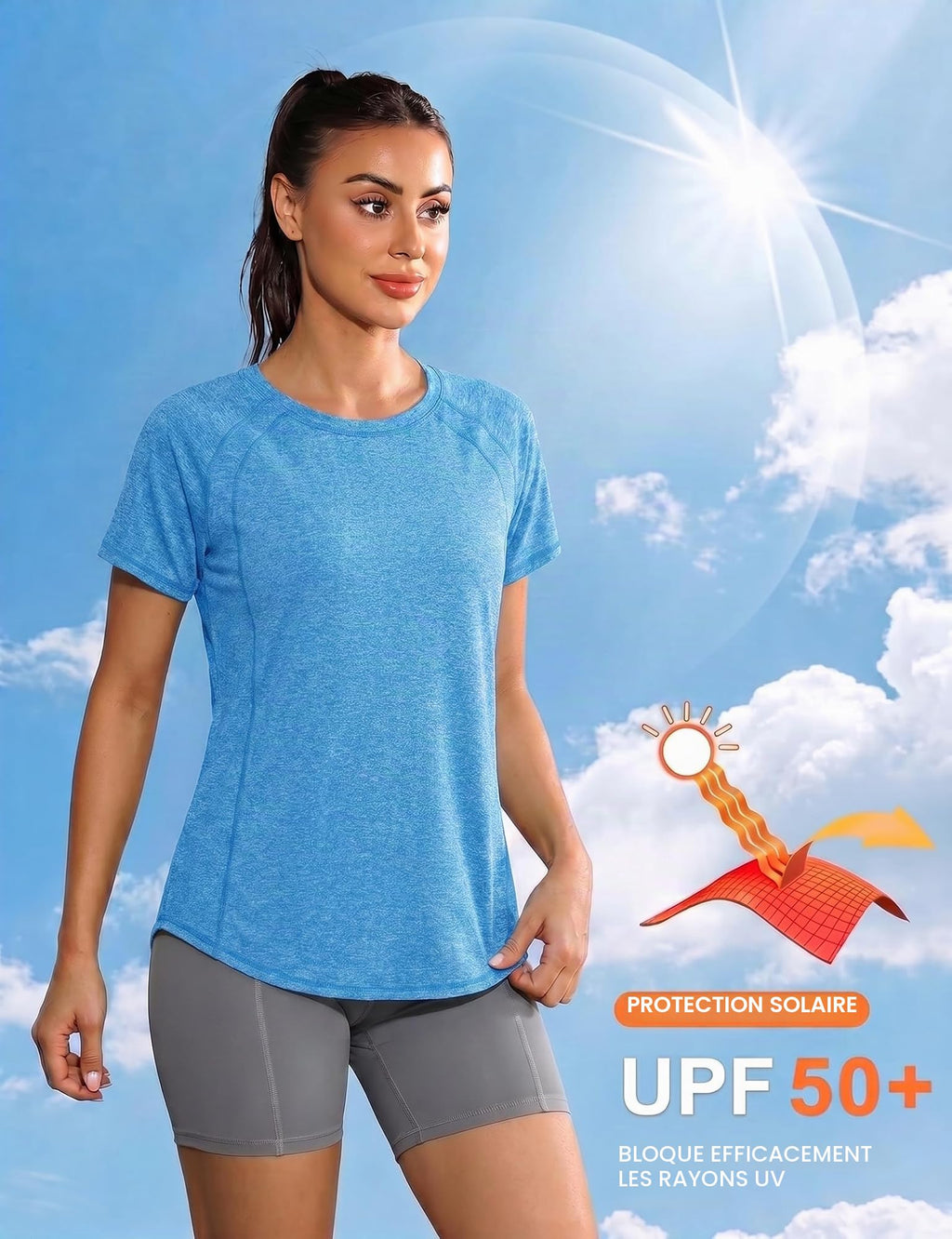 Gyabnw Women's Sport T-Shirt Anti-UV Elastic Crew Neck Short Sleeve Breathable Quick Dry UPF 50+ Fitness Top for Yoga Running and Gym