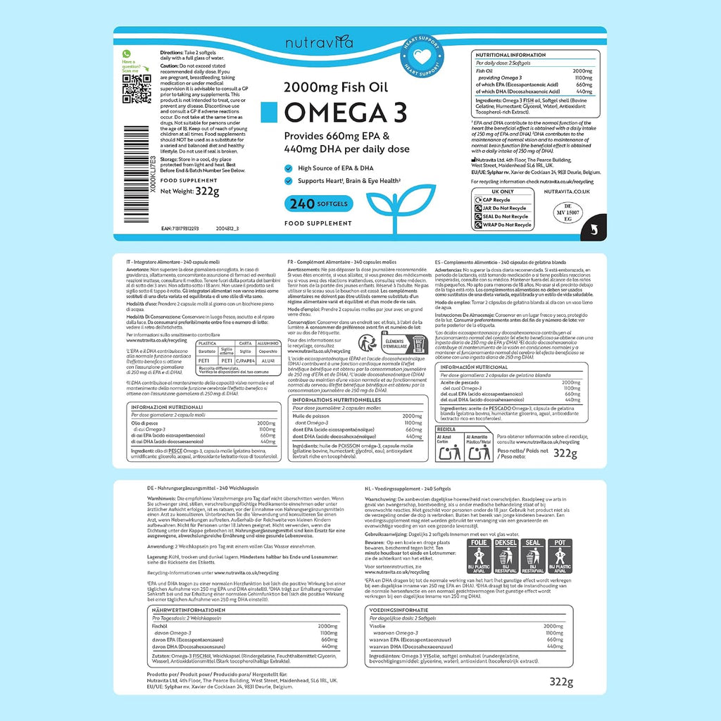 Nutravita Omega 3 Huile de Poissons 2000 mg - 480 Gélules - 8 Mois | Lot de 2 - Haute Concentration en EPA (660mg) & DHA (440mg) - Soutien Fonction Cardiaque et une Vision Normale