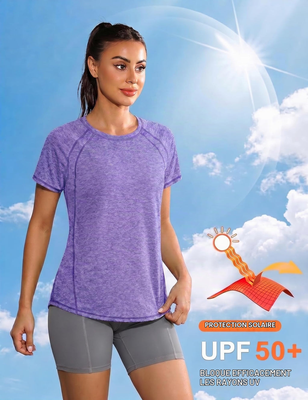 Gyabnw Women's Sport T-Shirt Anti-UV Elastic Crew Neck Short Sleeve Breathable Quick Dry UPF 50+ Fitness Top for Yoga Running and Gym