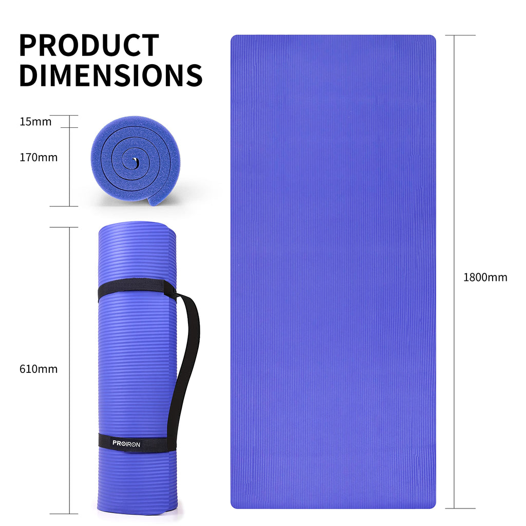 PROIRON Thick 10MM Exercise Mat, Non-Slip Yoga Pilates Gym Mat | Tear-Resistant Reinforced Edges, Flat, Good Elasticity, Camping Mat for Travel, NBR, 1860x660x10mm