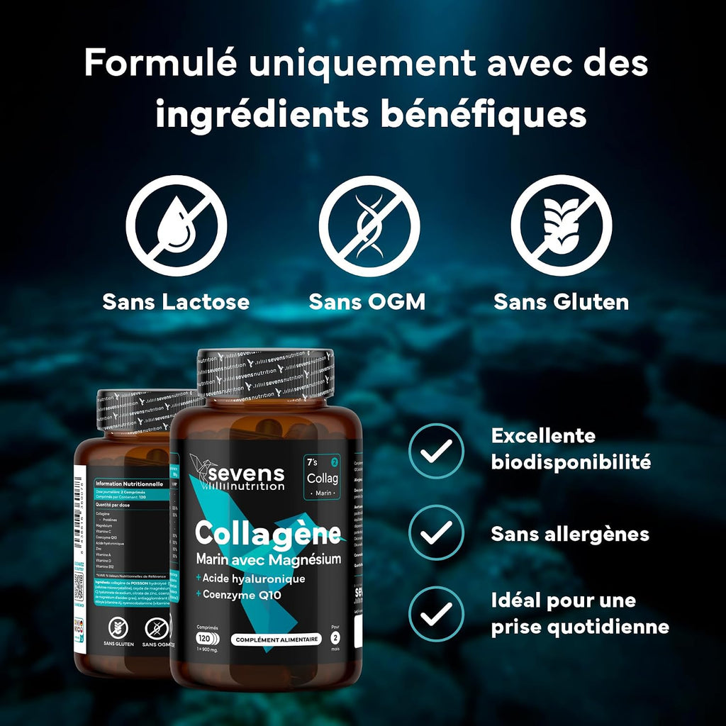 Collagène Marin Hydrolysé avec Magnésium Acide Hyaluronique Coenzyme Q10 | 120 Gélules - Peau Os Articulations - Vitamines A C D3 B12 Zinc - Haute Absorption - Sevens