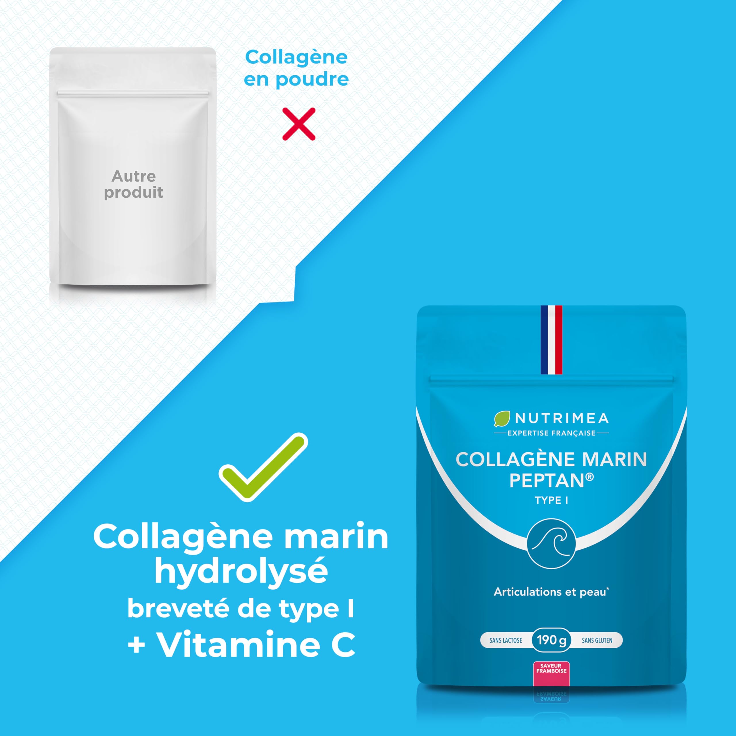 Collagene Marin | Types 1 & 2 Brevetés | Vitamines A, C & E Végétales | Pur et Naturel | Hydratation de la Peau | Protège Os et Cartilages | 900 mg | 90 Gélules | Nutrimea | Fabriqué en France