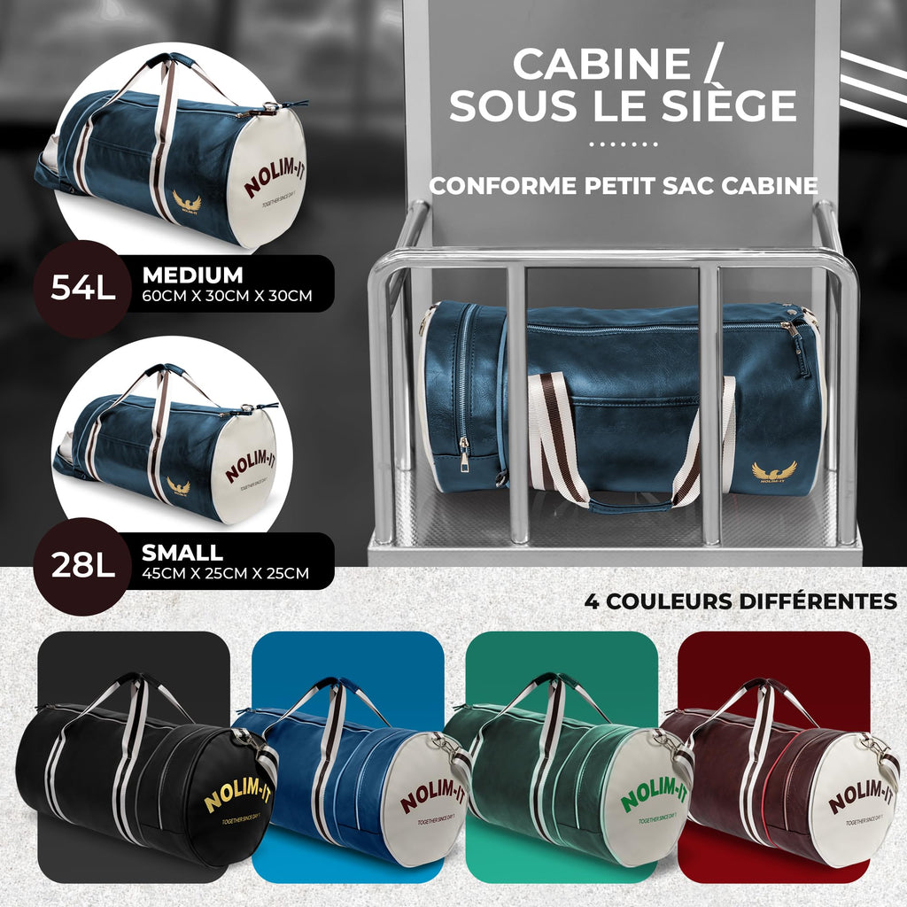 Sac de Sport Nolim-it® - Vintage - Simili Cuir - Sac bandoulière Homme - Pliable - Compartiment Chaussures - Sac Voyage Cabine - Résistant à l’Eau - 45x25x25cm - Small 28L - Duffel Bag - Musculation