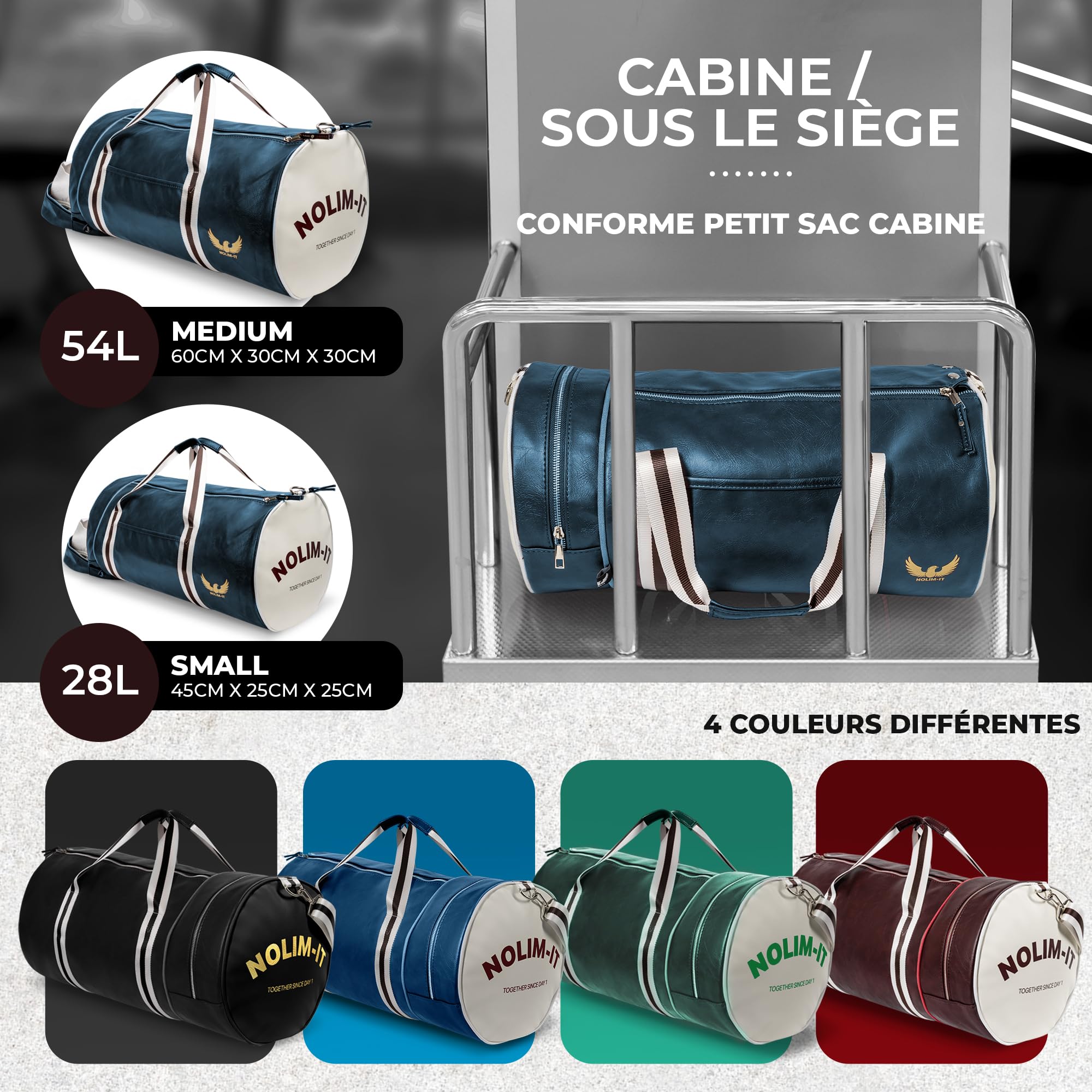 Sac de Sport Nolim-it® - Vintage - Simili Cuir - Sac bandoulière Homme - Pliable - Compartiment Chaussures - Sac Voyage Cabine - Résistant à l’Eau - 45x25x25cm - Small 28L - Duffel Bag - Musculation