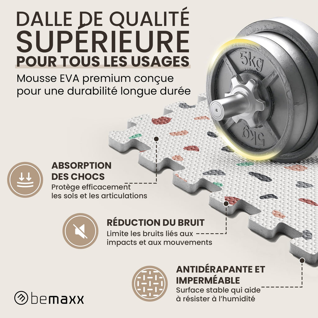 bemaxx Tapis de Fitness Protection de Sol Salle de Sport - Dalles en Mousse | EVA Caoutchouc sans BPA Matelas Puzzle Yoga Pilates Tatami pour Matériel Gym Banc de Musculation Garage Piscine Isolation