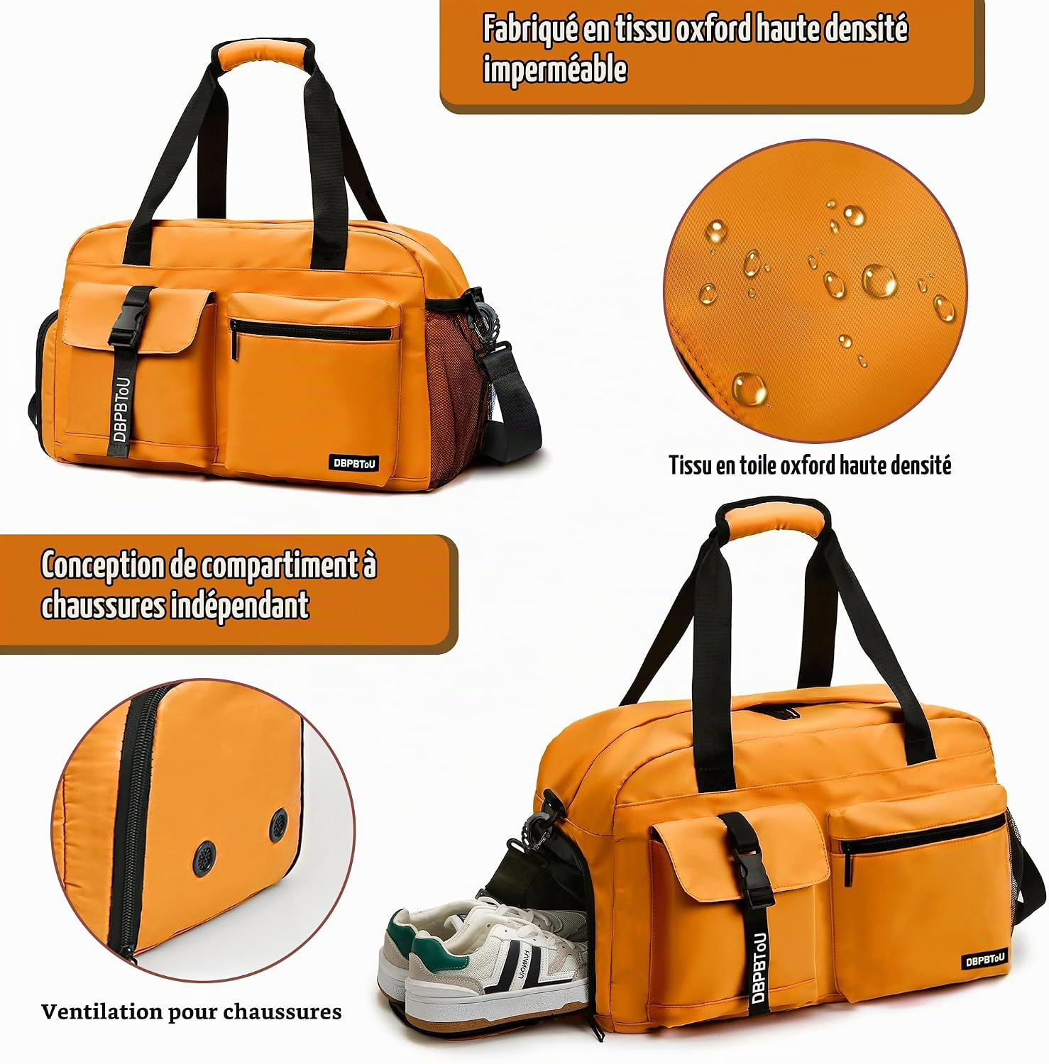 Sac de Sport Femme Homme (Jaune) | Sac Sport avec Compartiment à Chaussures de Ventilation, Sac de Voyage Femme Imperméable avec Compartiment Humide