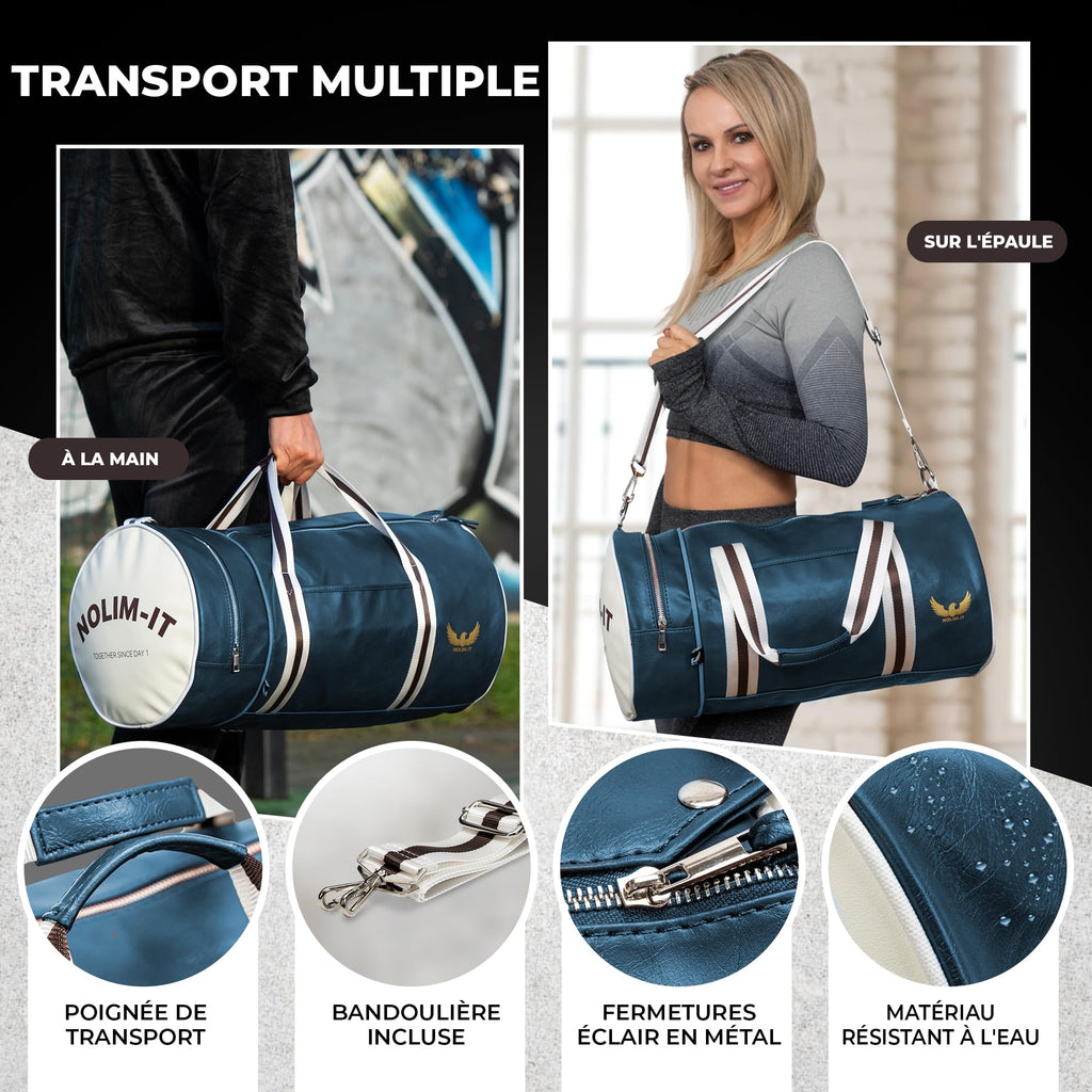 Sac de Sport Nolim-it® - Vintage - Simili Cuir - Sac bandoulière Homme - Pliable - Compartiment Chaussures - Sac Voyage Cabine - Résistant à l’Eau - 45x25x25cm - Small 28L - Duffel Bag - Musculation