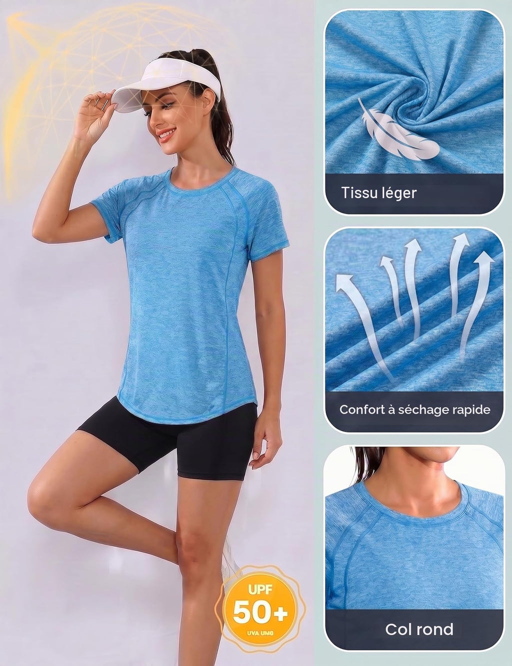 Gyabnw Women's Sport T-Shirt Anti-UV Elastic Crew Neck Short Sleeve Breathable Quick Dry UPF 50+ Fitness Top for Yoga Running and Gym