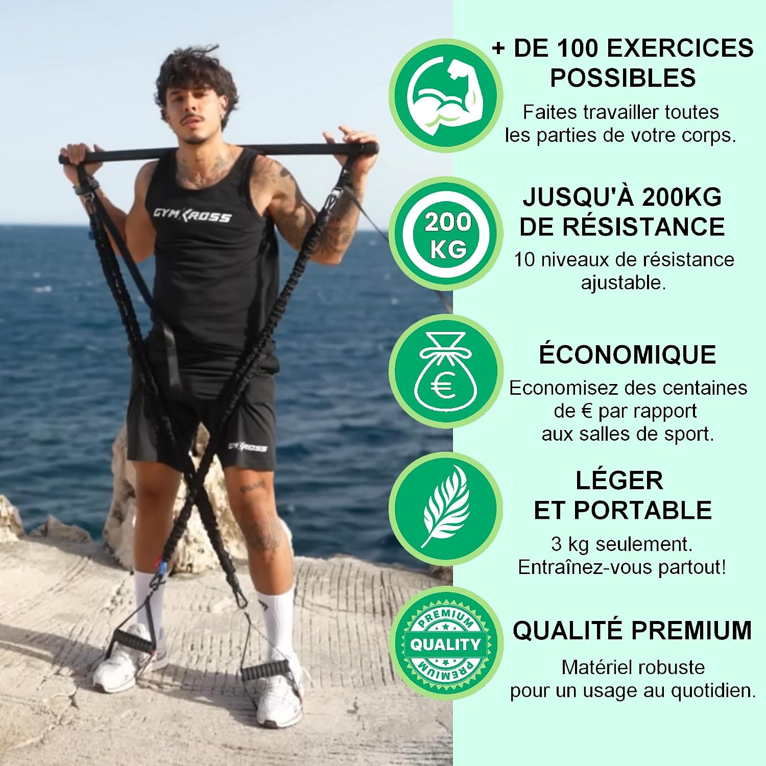 Resistance Bands Set with 10 Natural Latex Resistance Bands 200 kg + Resistance Bar & Suspension Straps – Fitness/Pilates/Home Workout & Crossfit Resistance Band Kit